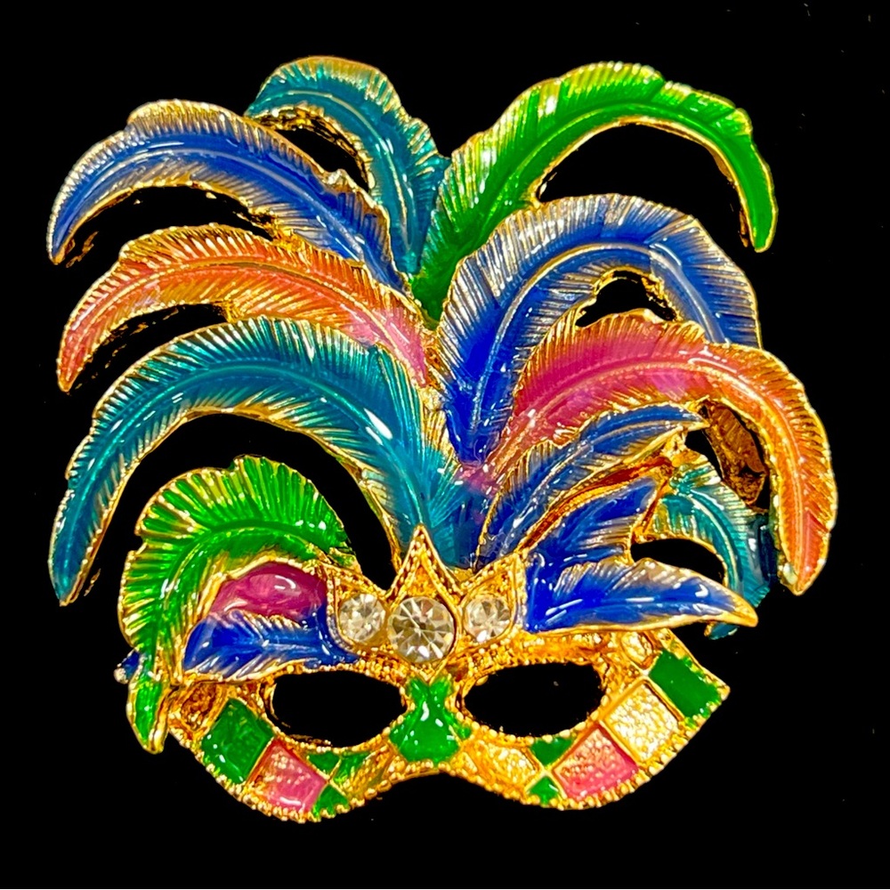 Napier Mardi Gras Mask Brooch Pin Multi-Colored Enamel Rhinestones Gold Tone EUC